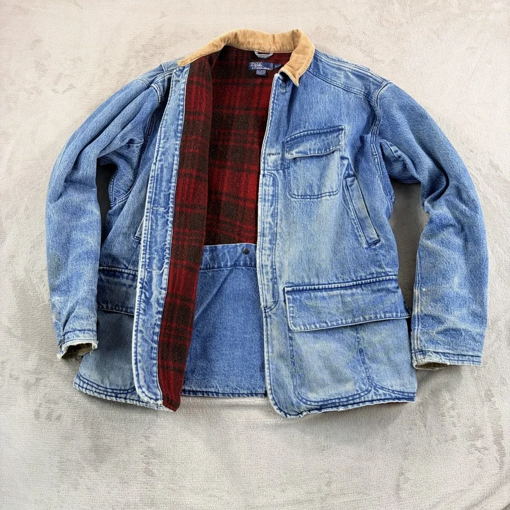 VTG Polo Ralph Laure Mackinaw Denim Cord Collar Jacket Men XL Wool Lined RARE